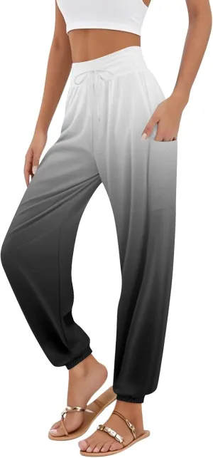 Flowy Pants for Women,Women's Harem Pants, High Waist Drawstring Joggers Boho Trousers Hippie Clothes with Pockets D1