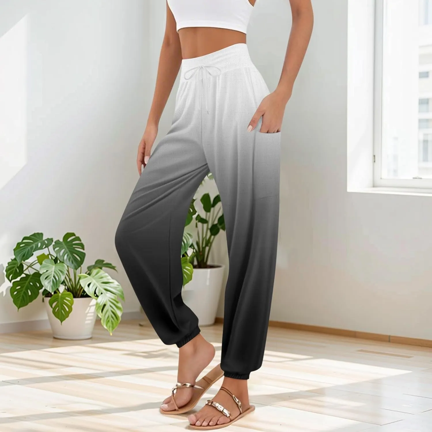 Flowy Pants for Women,Women's Harem Pants, High Waist Drawstring Joggers Boho Trousers Hippie Clothes with Pockets D1