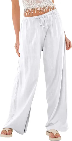 Flowy Wide Leg Pants Woman Baggy Drawstring Elastic Waist Gaucho Pants Lightweight Summer Boho Gauze Cover Up Pants