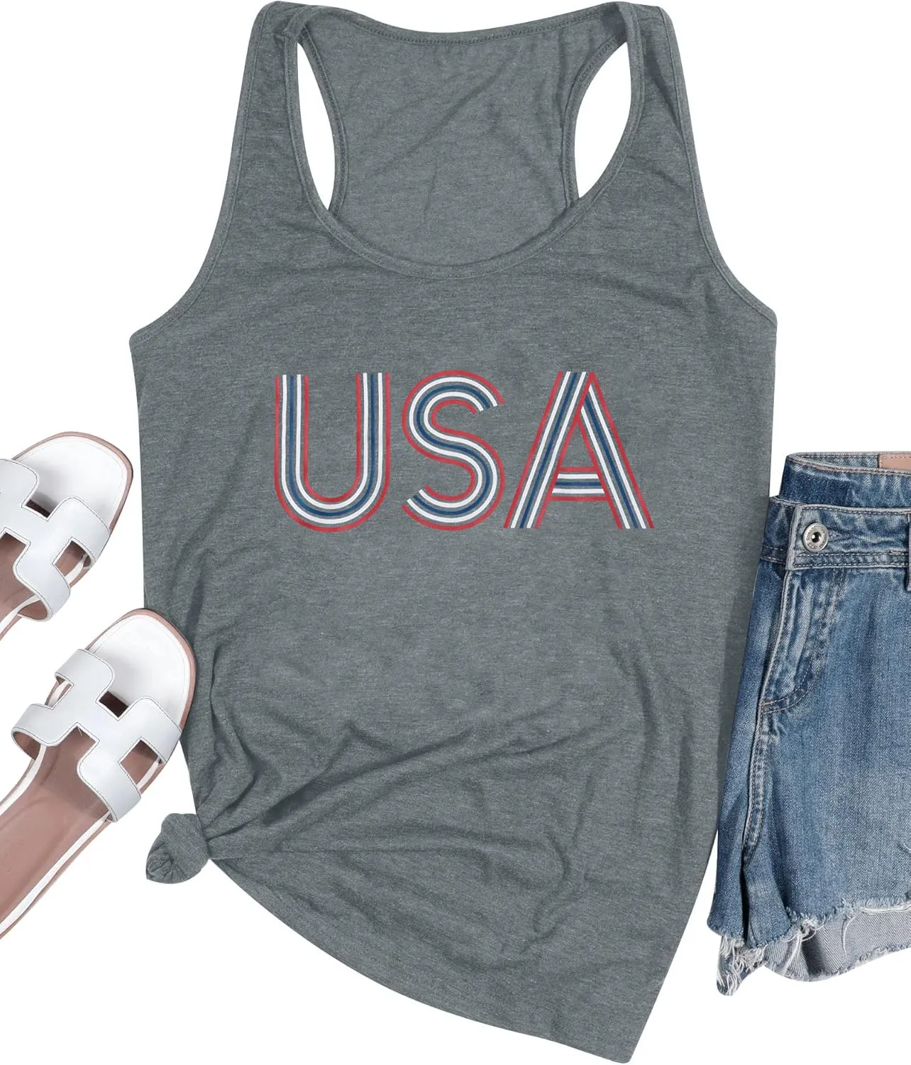 FLOYU Women USA Tank Top 4th of July Tops Casual Patriotic Letter Printed Sleeveless Shirts