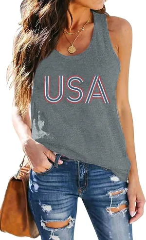 FLOYU Women USA Tank Top 4th of July Tops Casual Patriotic Letter Printed Sleeveless Shirts