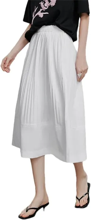 Fnfmrfmr Women High Waist Casual Midi Skirt Solid Pleated Loose Office Lady A-Line Skirts