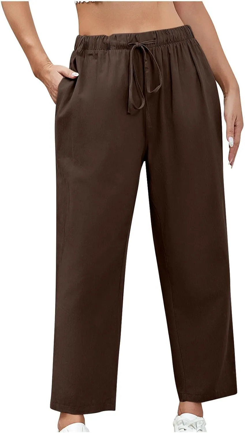 FZYLQY Capri Pants for Women Casual 2025 Summer Drawstring Elastic High Waist Cotton Linen Straight Wide Leg Cropped Trouser