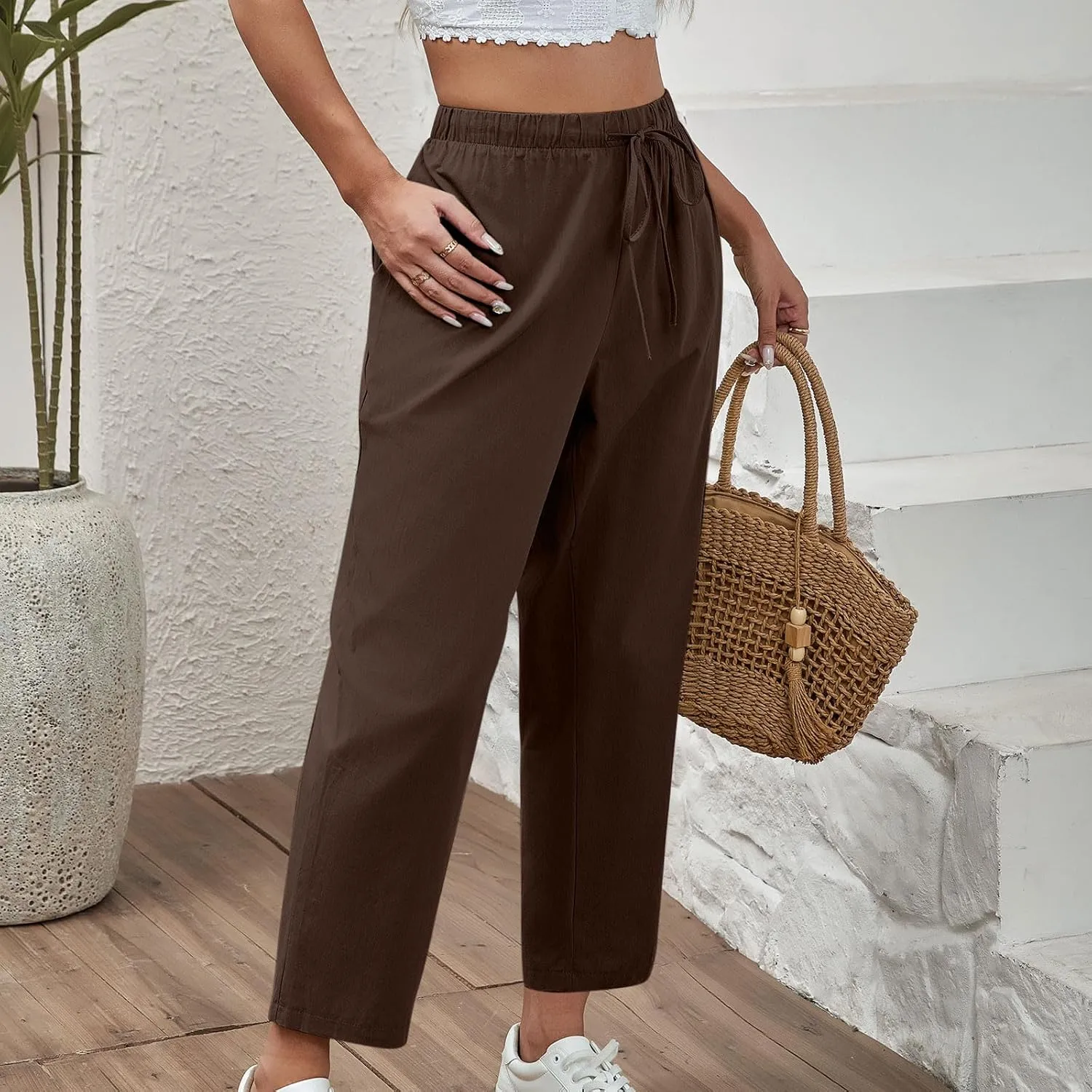 FZYLQY Capri Pants for Women Casual 2025 Summer Drawstring Elastic High Waist Cotton Linen Straight Wide Leg Cropped Trouser