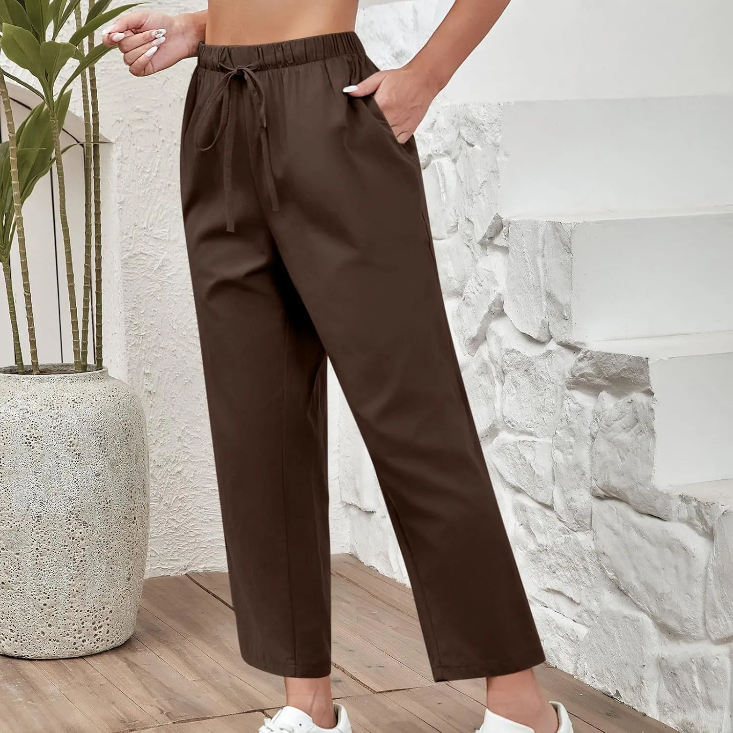 FZYLQY Capri Pants for Women Casual 2025 Summer Drawstring Elastic High Waist Cotton Linen Straight Wide Leg Cropped Trouser