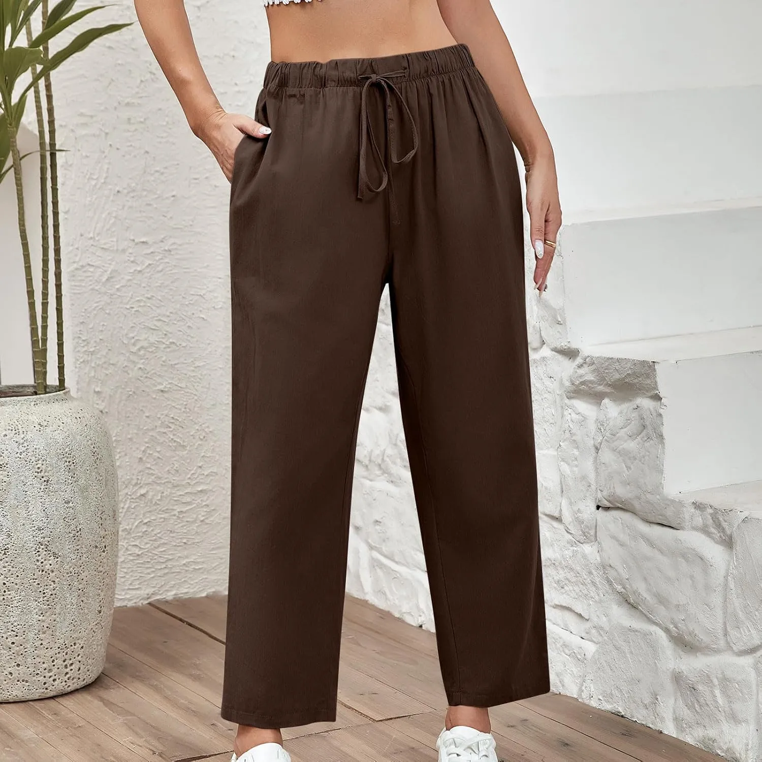 FZYLQY Capri Pants for Women Casual 2025 Summer Drawstring Elastic High Waist Cotton Linen Straight Wide Leg Cropped Trouser