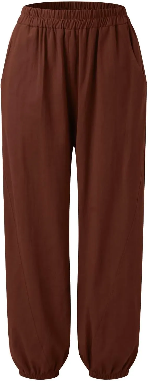 FZYLQY Women Casual Loose Linen Pants Straight Leg Elastic High Waist Parachute Pants Daily Hiking Workout Athletic Trousers
