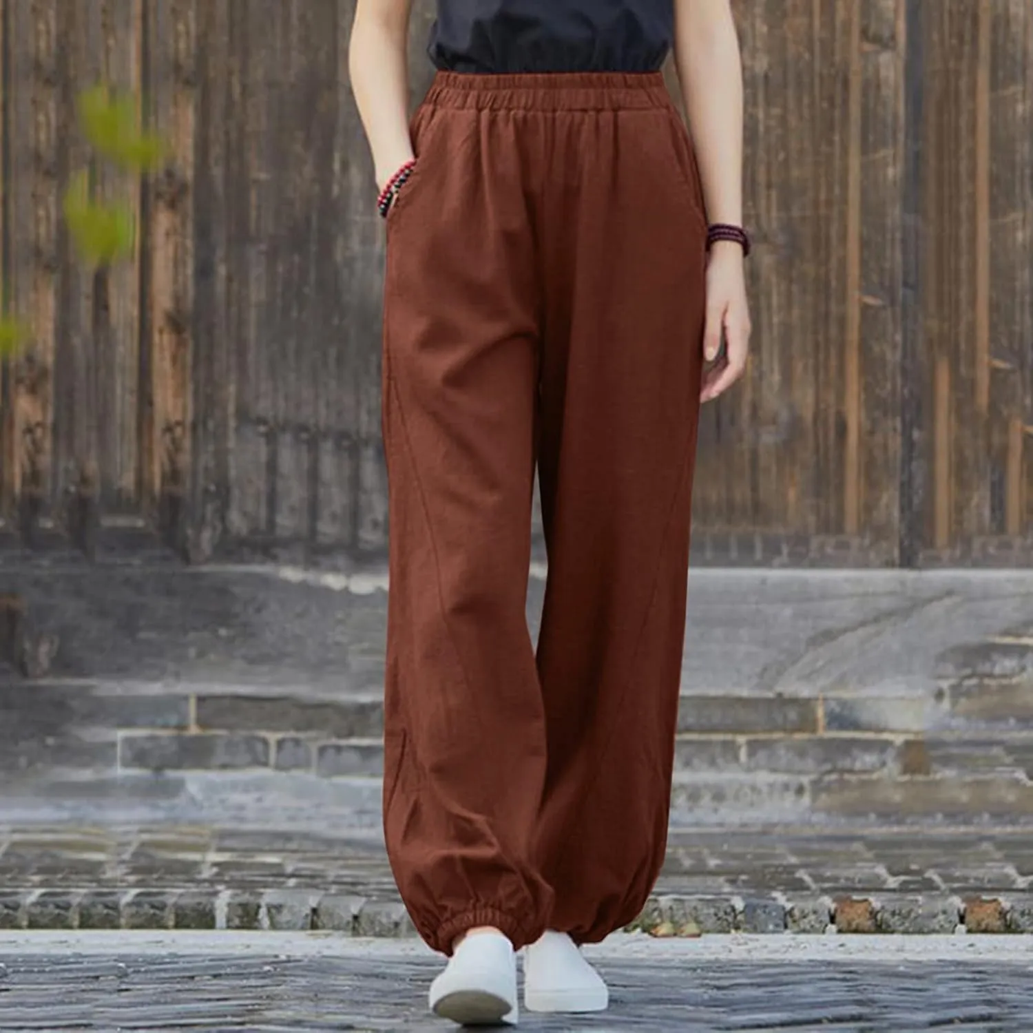 FZYLQY Women Casual Loose Linen Pants Straight Leg Elastic High Waist Parachute Pants Daily Hiking Workout Athletic Trousers