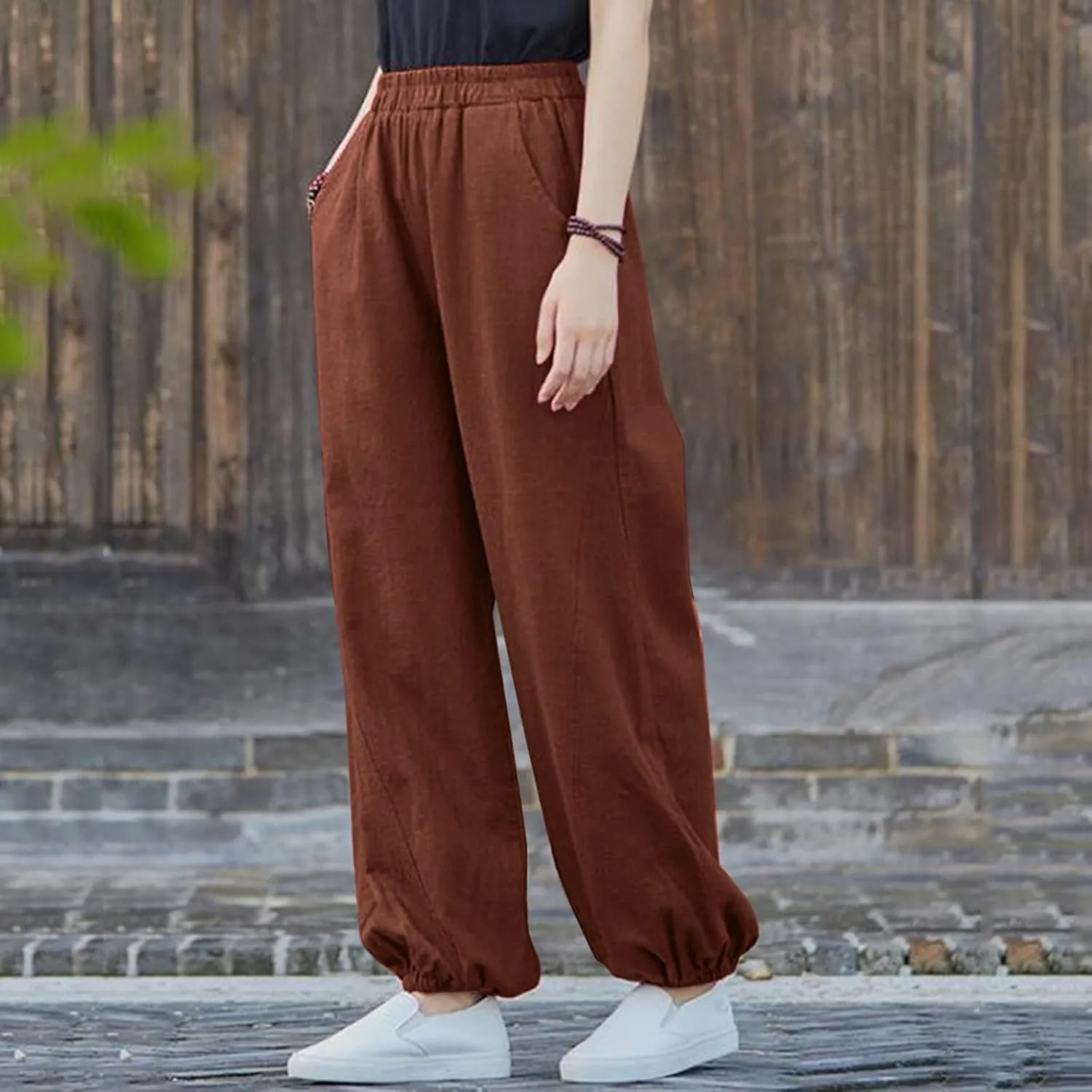 FZYLQY Women Casual Loose Linen Pants Straight Leg Elastic High Waist Parachute Pants Daily Hiking Workout Athletic Trousers