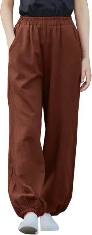 FZYLQY Women Casual Loose Linen Pants Straight Leg Elastic High Waist Parachute Pants Daily Hiking Workout Athletic Trousers