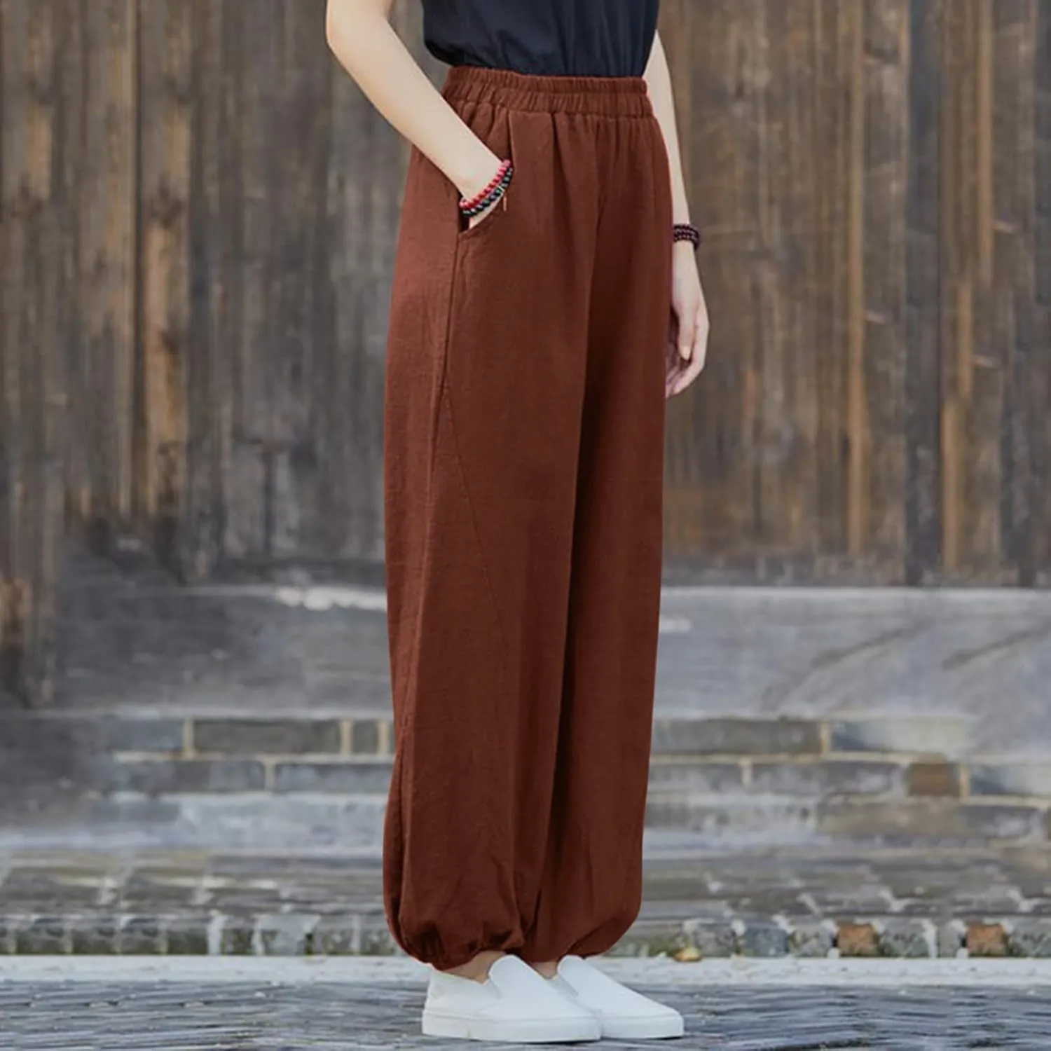FZYLQY Women Casual Loose Linen Pants Straight Leg Elastic High Waist Parachute Pants Daily Hiking Workout Athletic Trousers