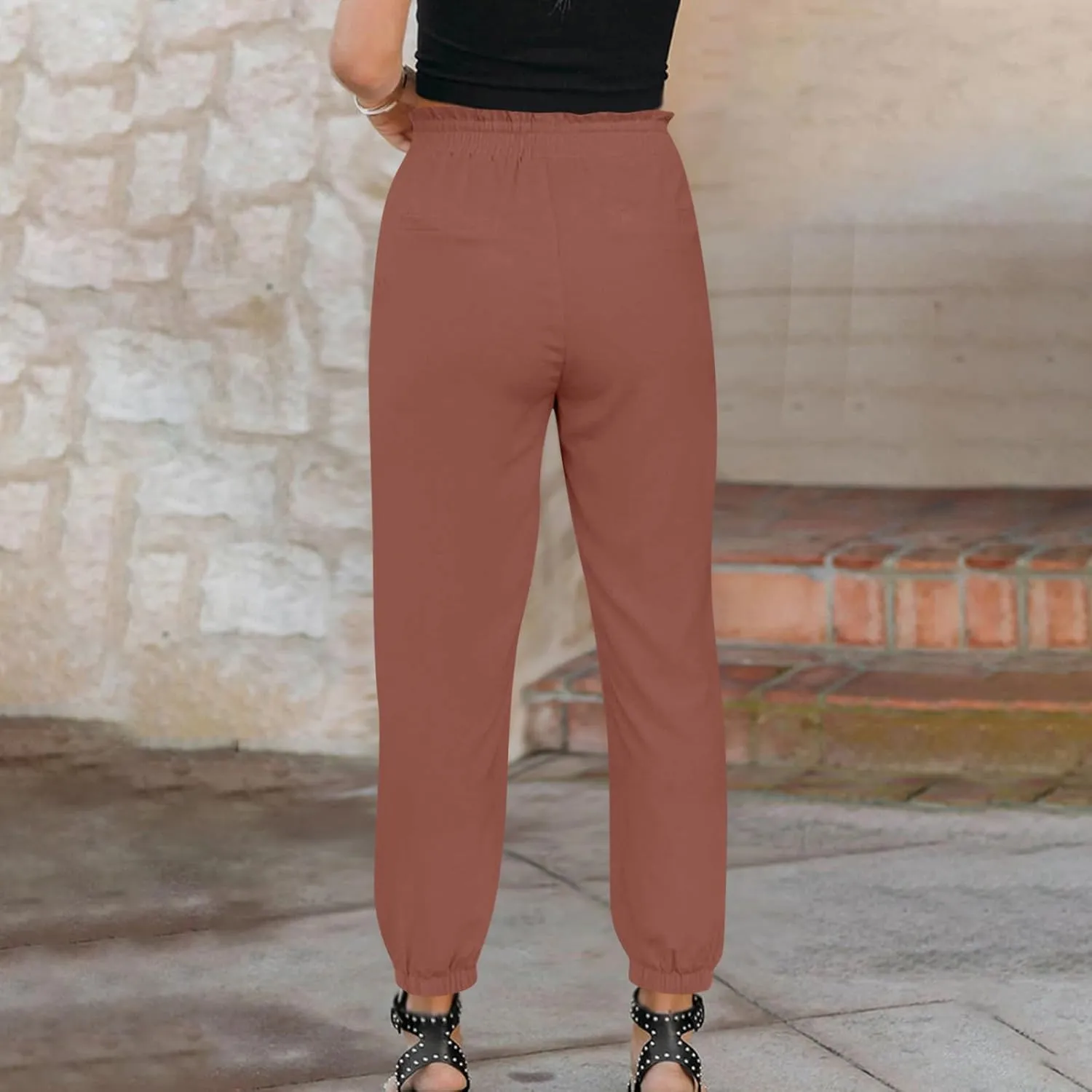 FZYLQY Womens 2025 Summer Casual Pants Drawstring Elastic High Waisted Work Trousers Joggers Trendy Harem Pants with Pockets