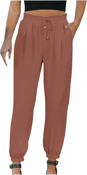 FZYLQY Womens 2025 Summer Casual Pants Drawstring Elastic High Waisted Work Trousers Joggers Trendy Harem Pants with Pockets