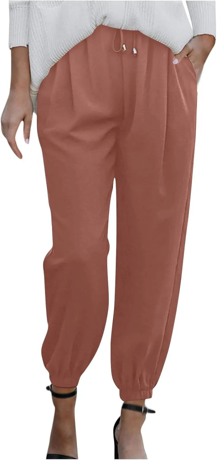 FZYLQY Womens 2025 Summer Casual Pants Drawstring Elastic High Waisted Work Trousers Joggers Trendy Harem Pants with Pockets