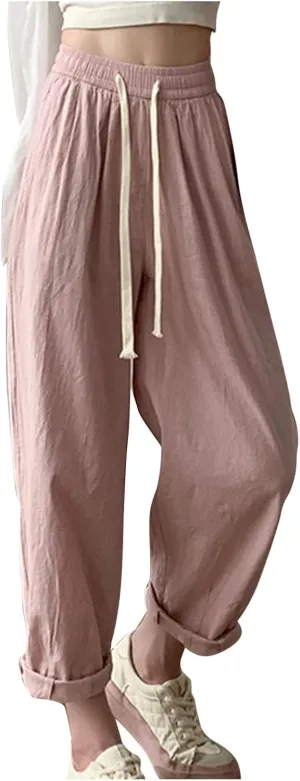 FZYLQY Women's Cotton Linen Pants Casual Baggy Harem Pants Loose Fit High Waisted Beach Drawstring Palazzo Trousers Pockets