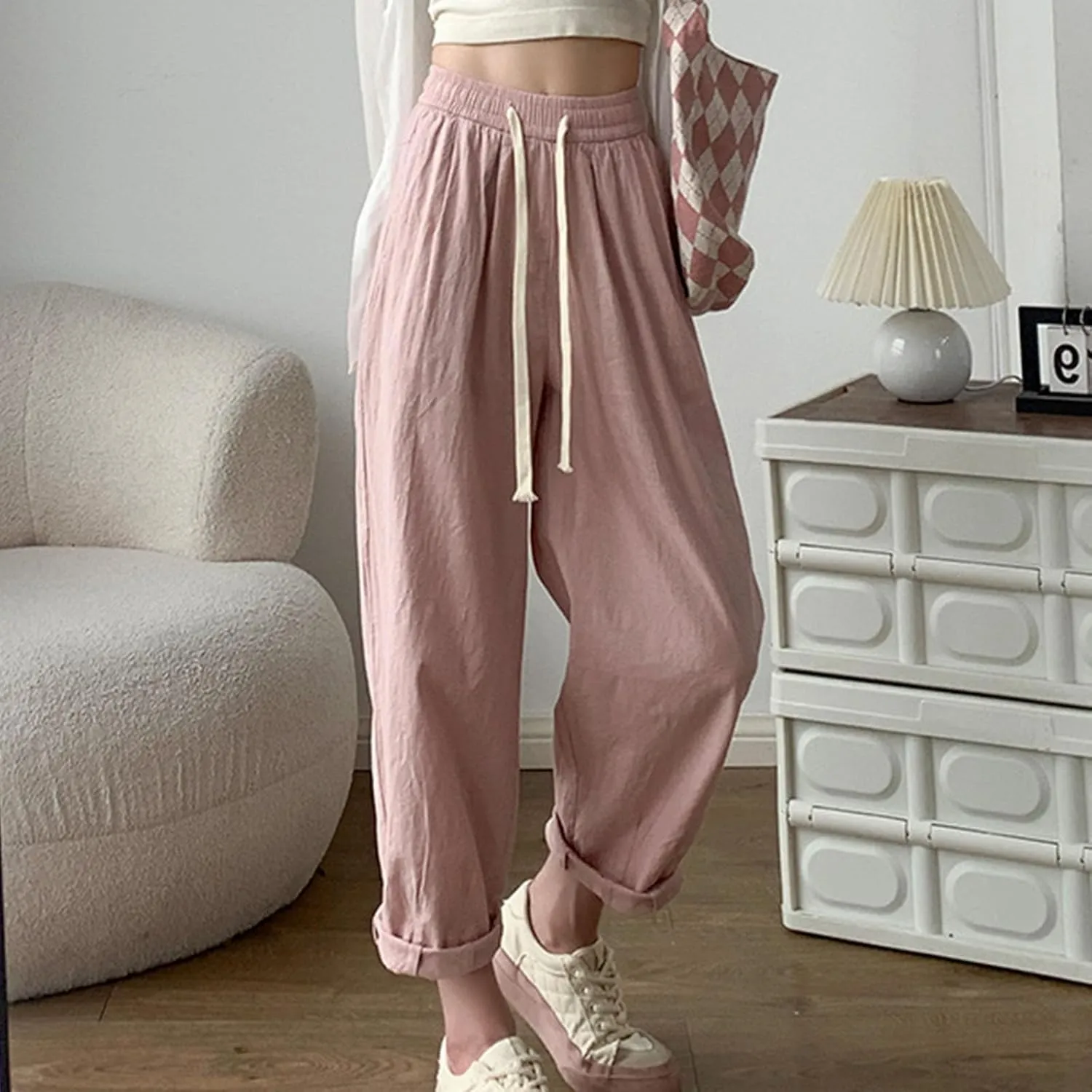 FZYLQY Women's Cotton Linen Pants Casual Baggy Harem Pants Loose Fit High Waisted Beach Drawstring Palazzo Trousers Pockets