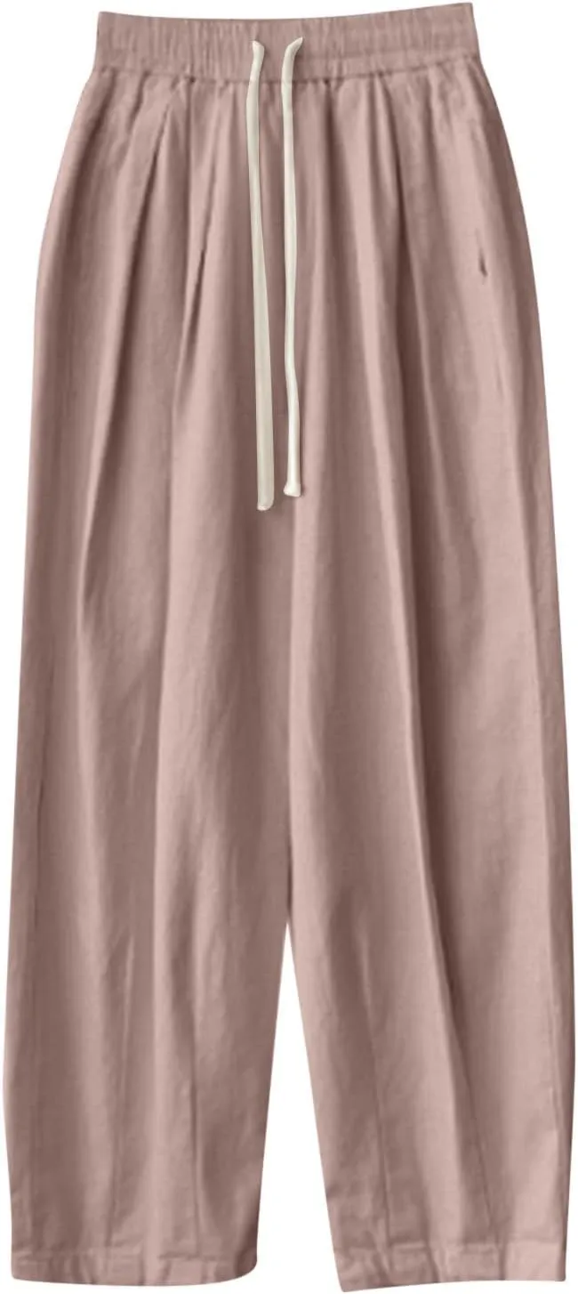 FZYLQY Women's Cotton Linen Pants Casual Baggy Harem Pants Loose Fit High Waisted Beach Drawstring Palazzo Trousers Pockets