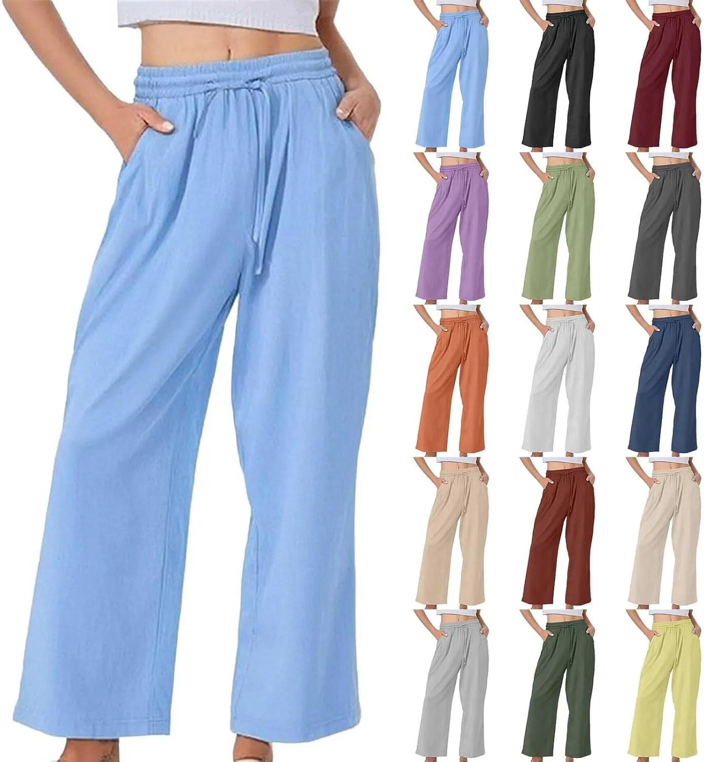 GIERIDUC Women's Summer Casual Pants Loose Fit Beach Palazzo Pants High Waist Drawstring Wide Straight Leg Trouser Pockets