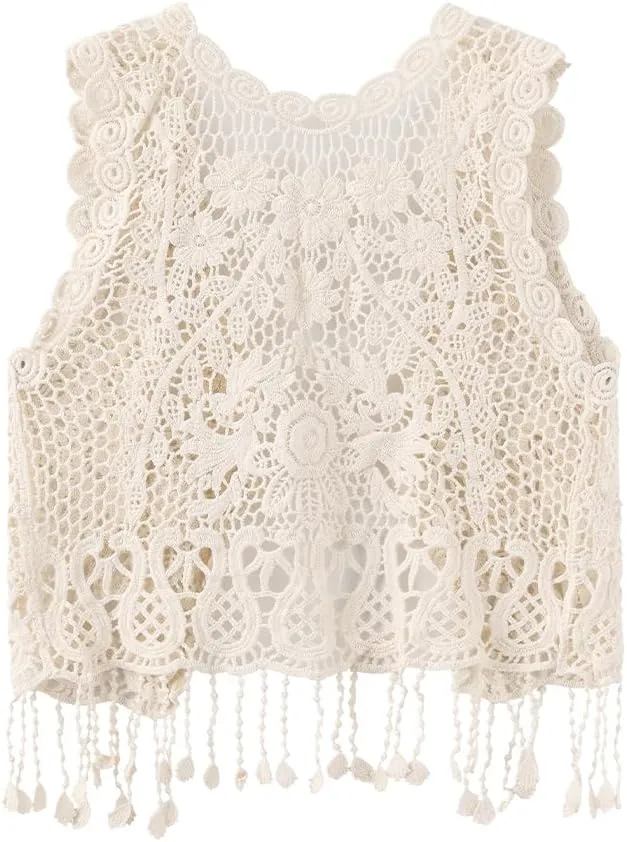 Girls Crochet Vest Cardigan with Fringe V-Neck Sleeveless Boho Vest Hollow Out Cardigan