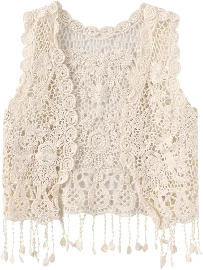 Girls Crochet Vest Cardigan with Fringe V-Neck Sleeveless Boho Vest Hollow Out Cardigan