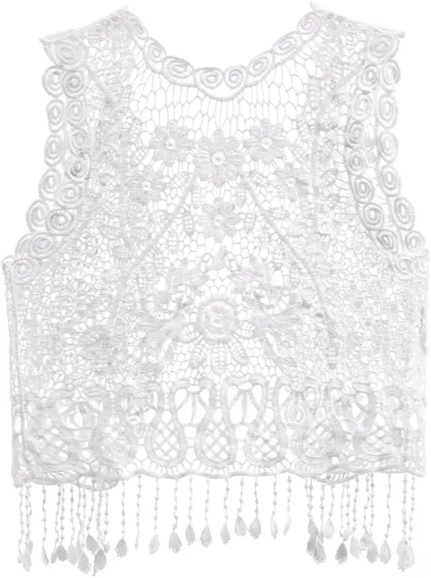 Girls Crochet Vest Cardigan with Fringe V-Neck Sleeveless Boho Vest Hollow Out Cardigan
