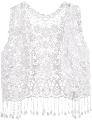 Girls Crochet Vest Cardigan with Fringe V-Neck Sleeveless Boho Vest Hollow Out Cardigan