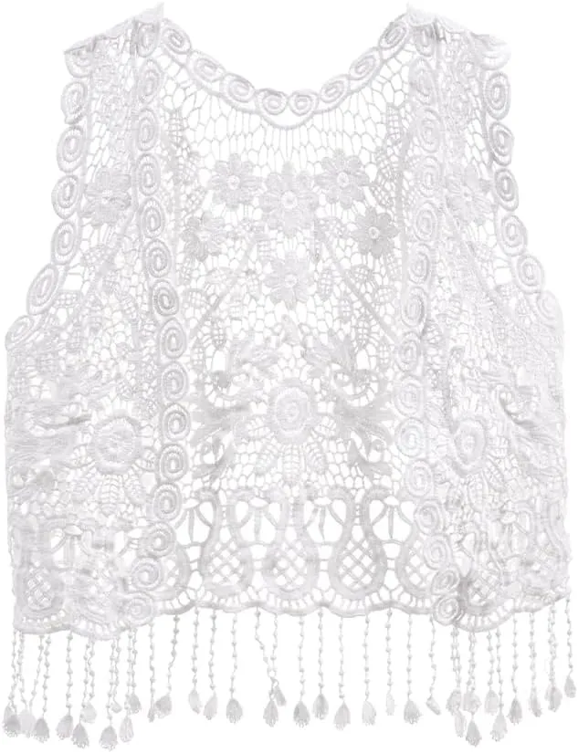 Girls Crochet Vest Cardigan with Fringe V-Neck Sleeveless Boho Vest Hollow Out Cardigan