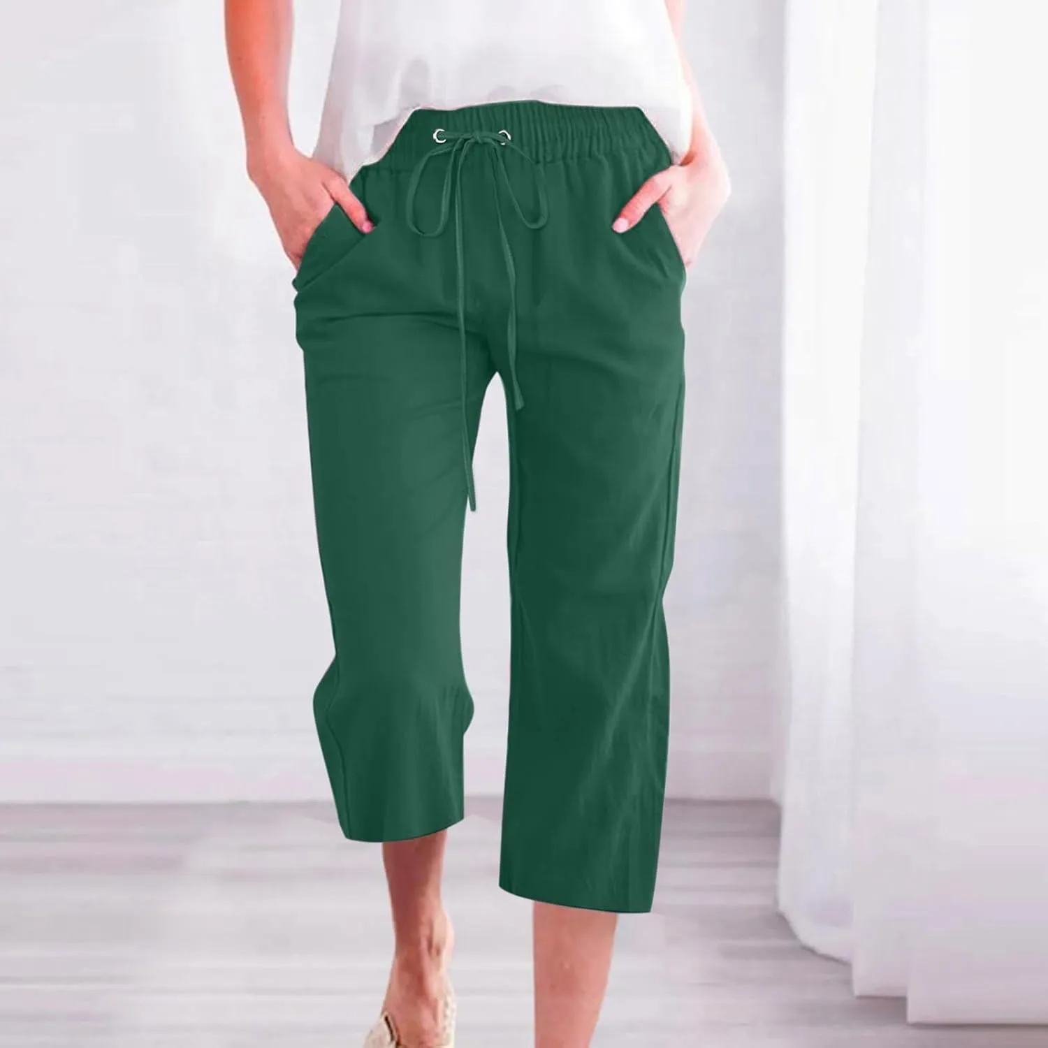 GOKKILRW Womens Linen Summer Capri Pants Casual Beach Capris Drawstring High Waist Pants Wide Leg Cropped Trousers Joggers