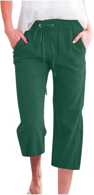 GOKKILRW Womens Linen Summer Capri Pants Casual Beach Capris Drawstring High Waist Pants Wide Leg Cropped Trousers Joggers