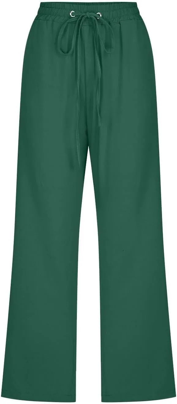 GOKKILRW Womens Linen Summer Capri Pants Casual Beach Capris Drawstring High Waist Pants Wide Leg Cropped Trousers Joggers