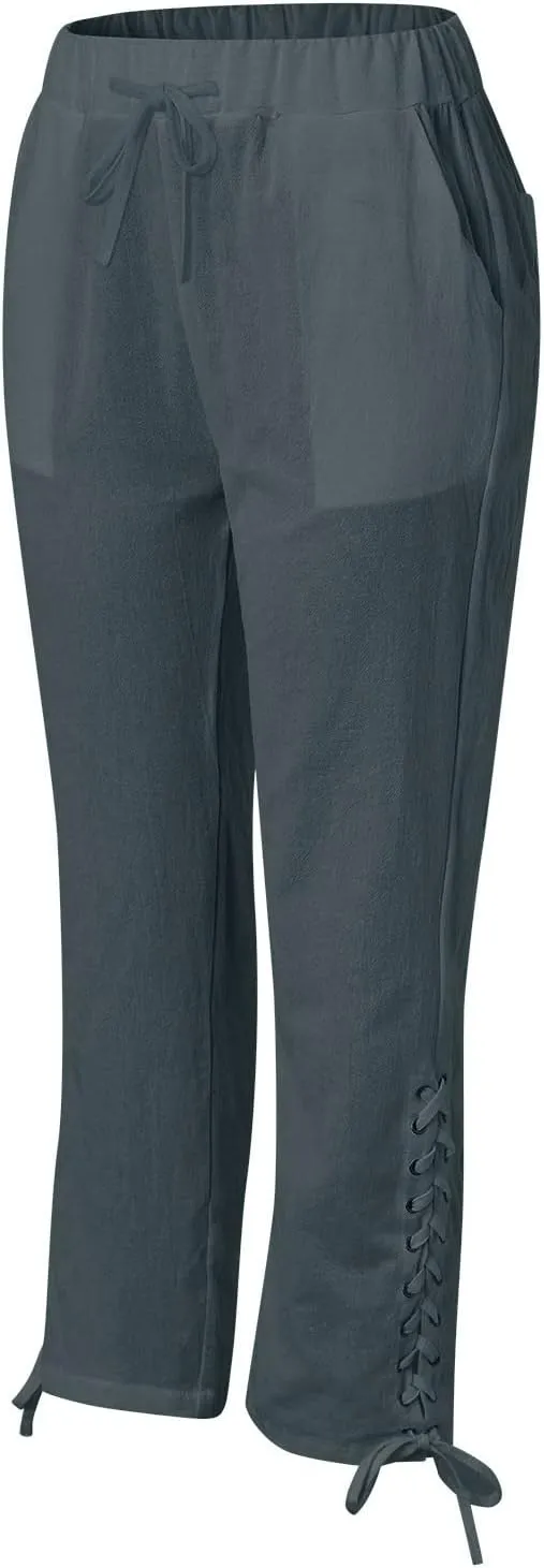 Hawaii Beach Pants for Women Casual Elastic High Waist Drawstring Pants Tropical Solid Color Summer Linen Trousers