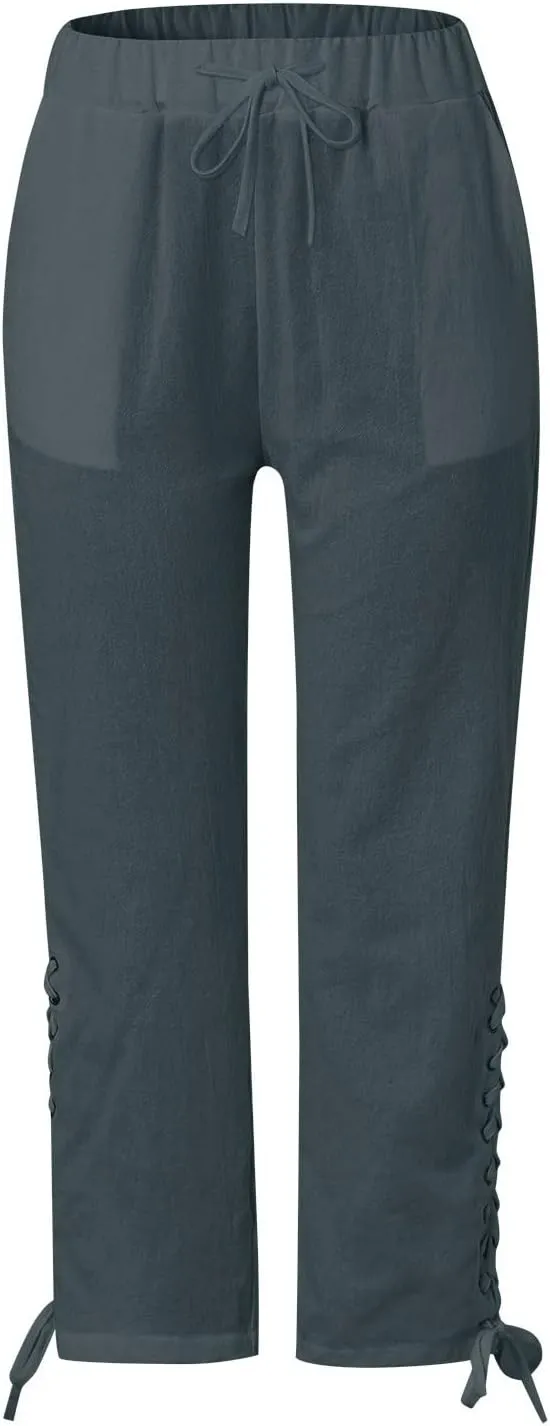 Hawaii Beach Pants for Women Casual Elastic High Waist Drawstring Pants Tropical Solid Color Summer Linen Trousers