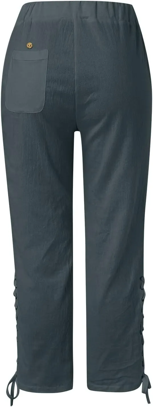 Hawaii Beach Pants for Women Casual Elastic High Waist Drawstring Pants Tropical Solid Color Summer Linen Trousers