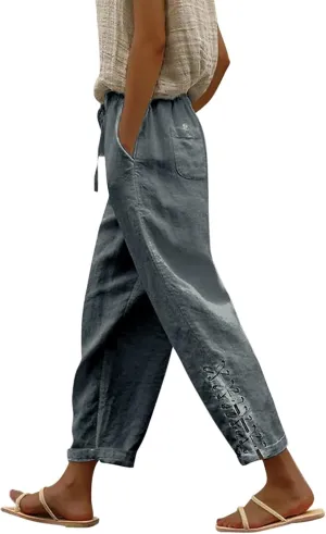 Hawaii Beach Pants for Women Casual Elastic High Waist Drawstring Pants Tropical Solid Color Summer Linen Trousers