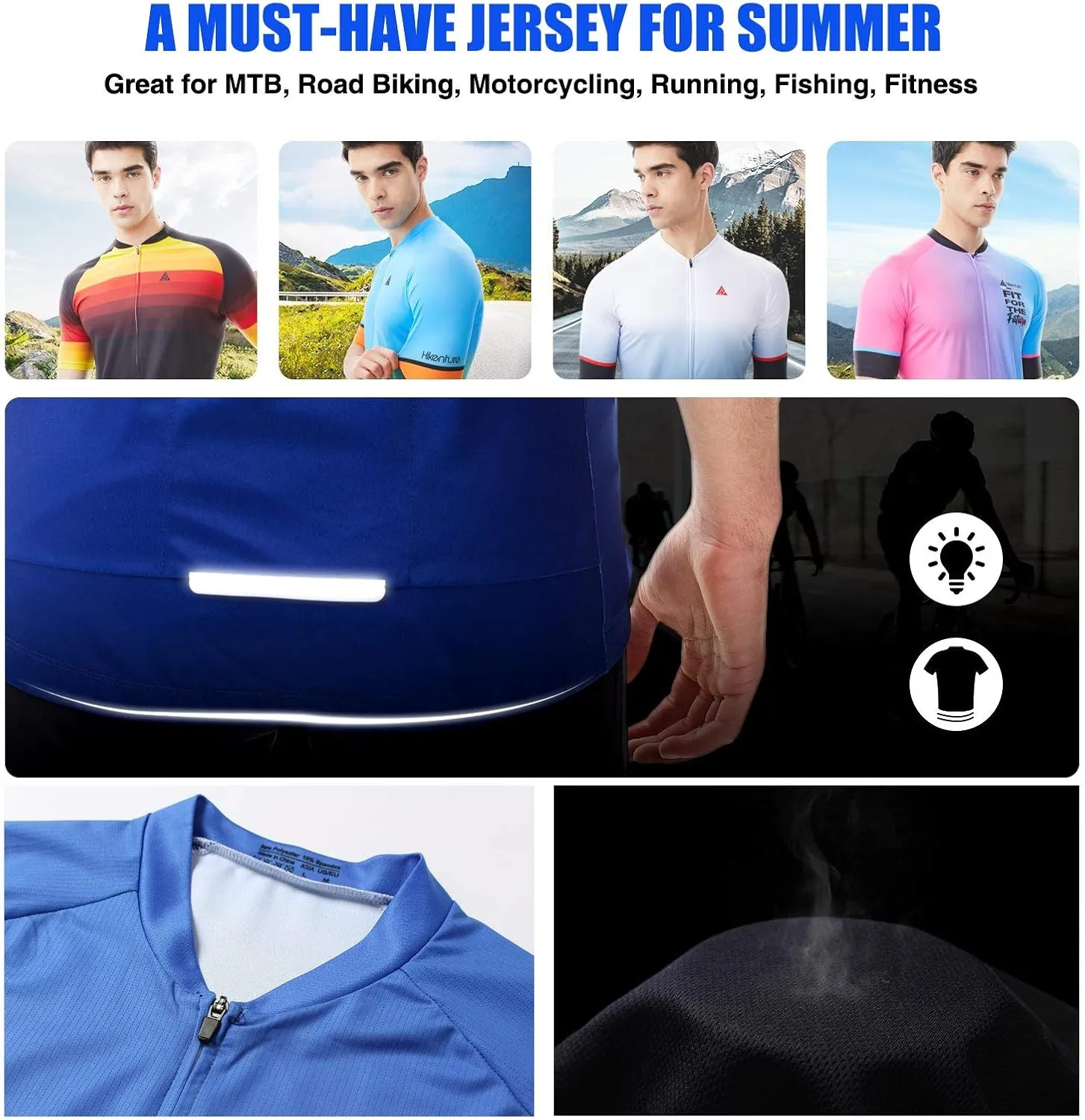 Hikenture Cycling Jersey for Men, Quick Dry Short Sleeve Bike Shirts with 3 Rear Pockets