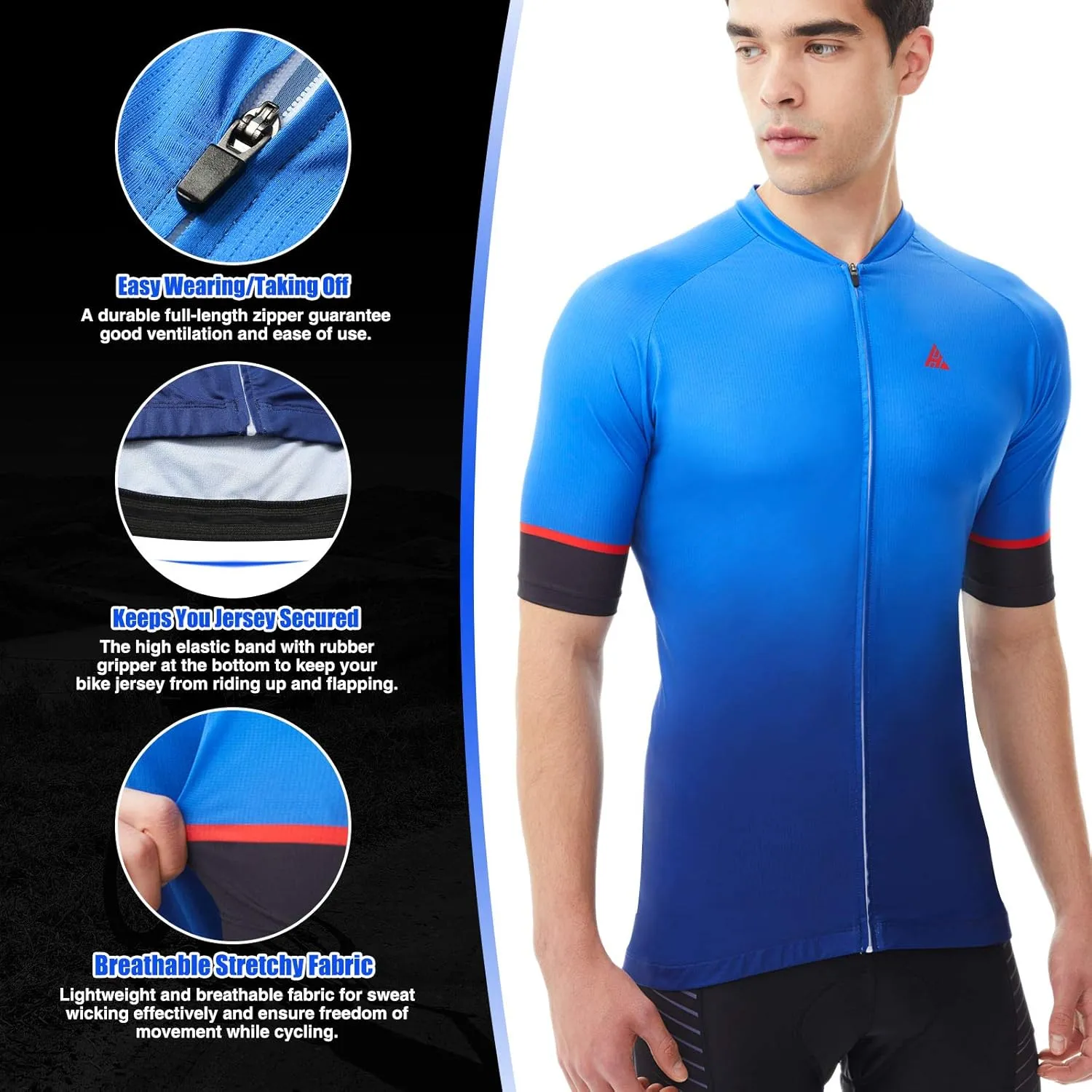 Hikenture Cycling Jersey for Men, Quick Dry Short Sleeve Bike Shirts with 3 Rear Pockets
