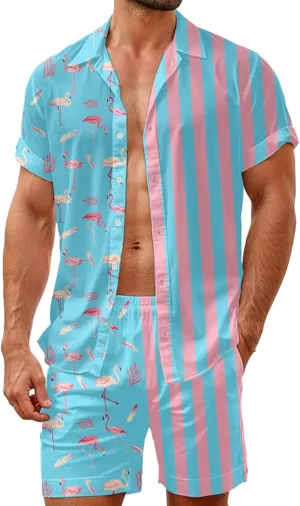 HUGLAZY Mens 2 Piece Outfit Summer Shirts Short Sleeve Hawaiian Shirt And Shorts Beach Outfits Party Disco