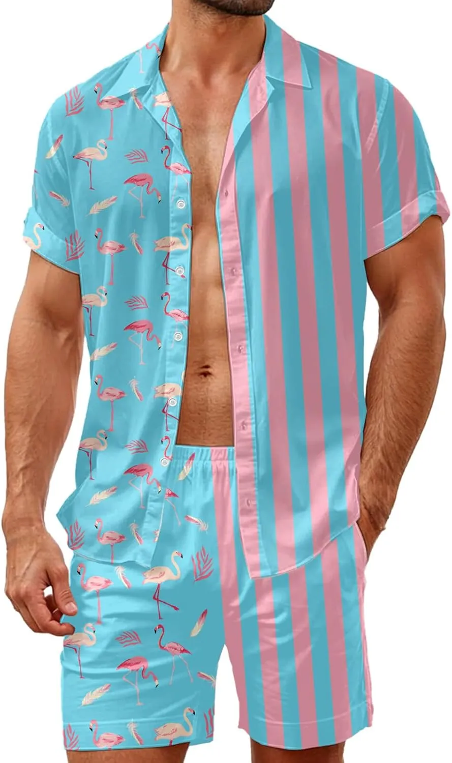 HUGLAZY Mens 2 Piece Outfit Summer Shirts Short Sleeve Hawaiian Shirt And Shorts Beach Outfits Party Disco