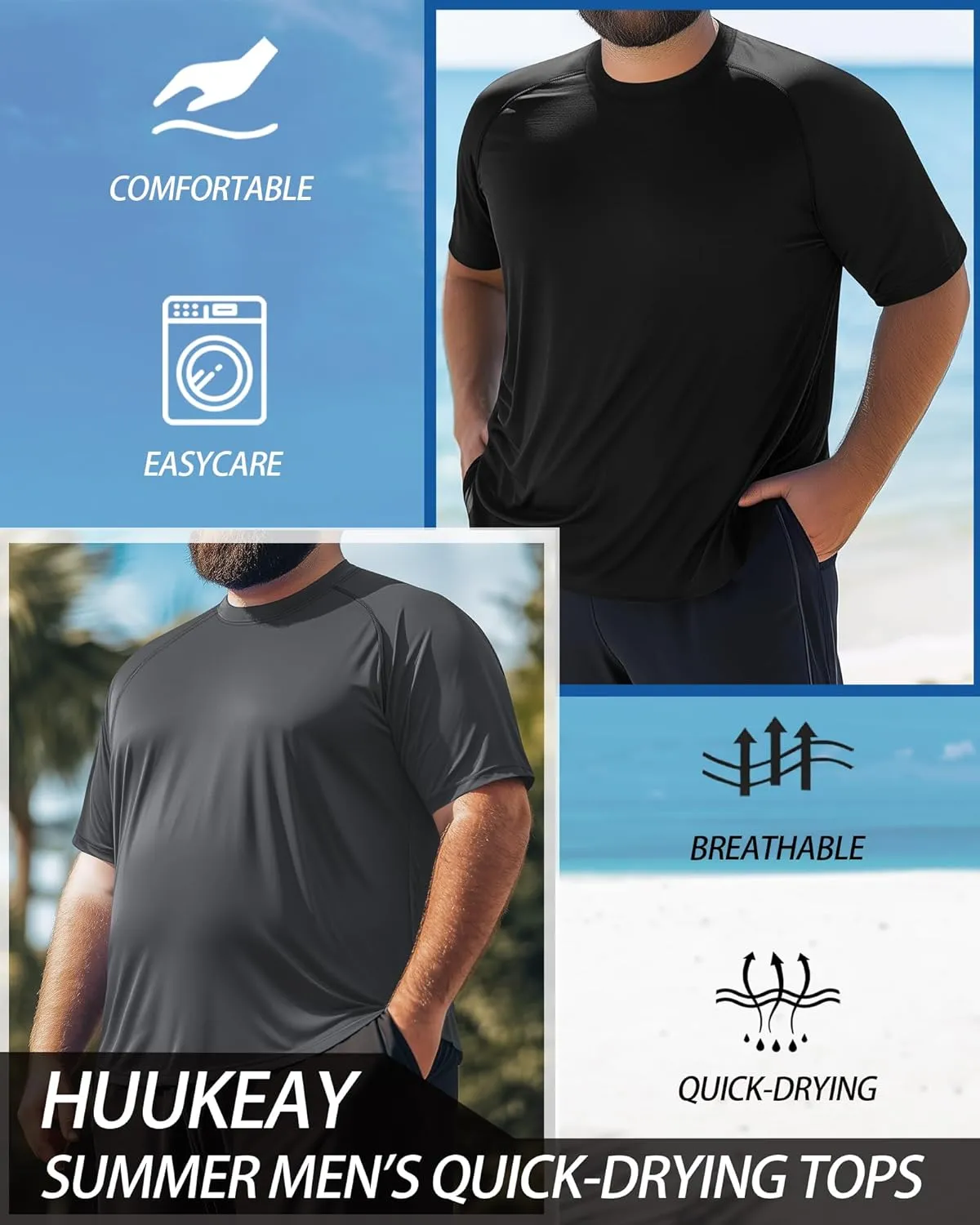 Huukeay 3 Pack Men's Big and Tall Swim Shirts,UPF 50  Sun Protection Rash Guard Quick Dry Beach Fishing Water Tops