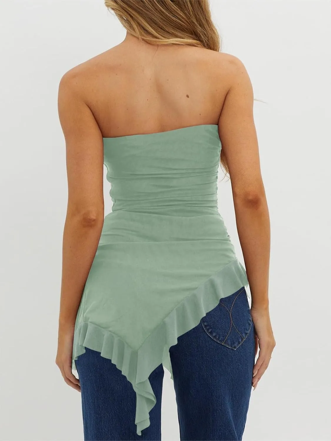 Imily Bela Womens Asymmetrical Tube Top Strapless Ruffle Hem Slim Fitted Shirts Y2K Going Out Tops