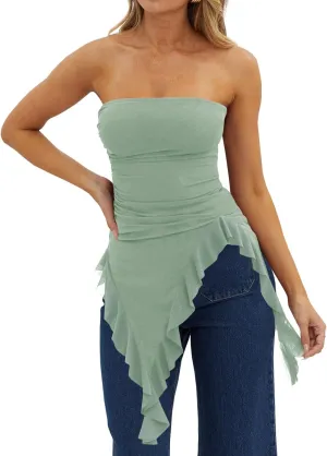 Imily Bela Womens Asymmetrical Tube Top Strapless Ruffle Hem Slim Fitted Shirts Y2K Going Out Tops