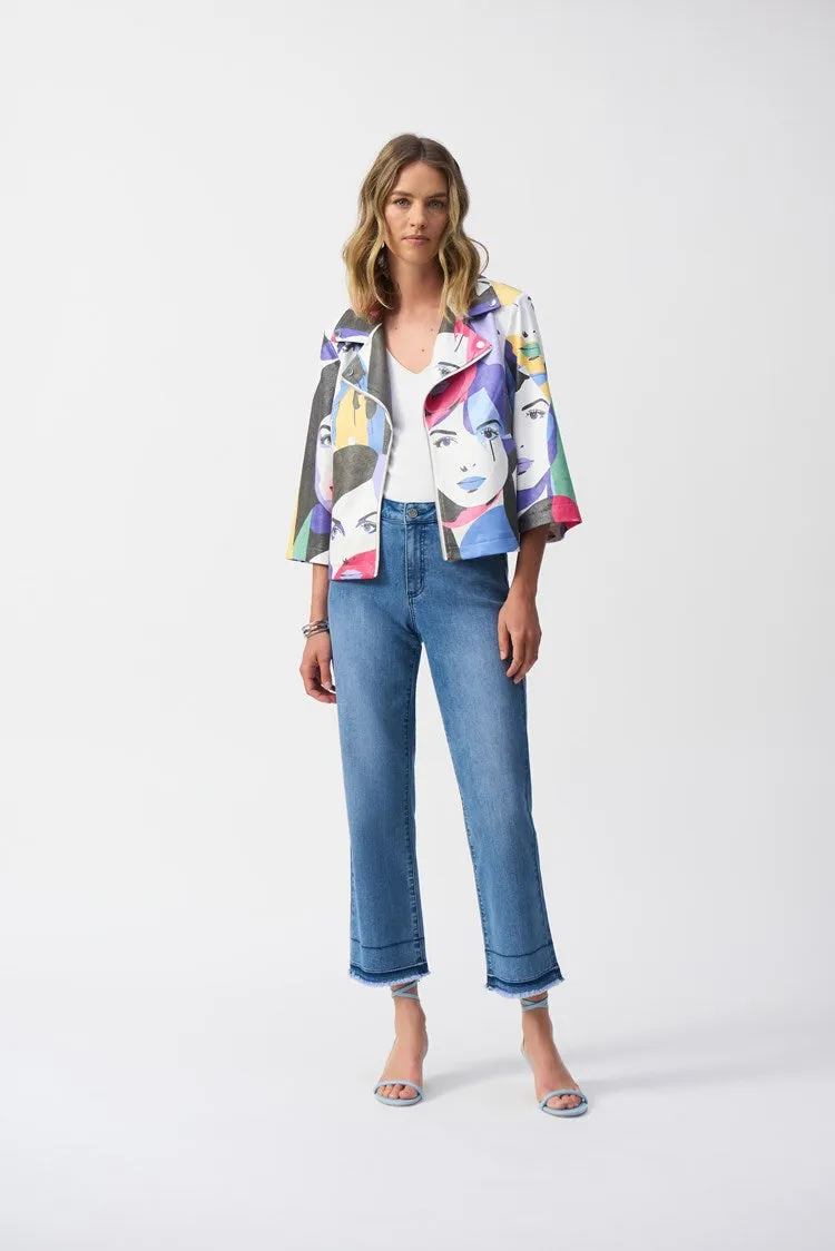 Joseph Ribkoff Vanilla/Multi Faux Suede Face Print Trapeze Jacket