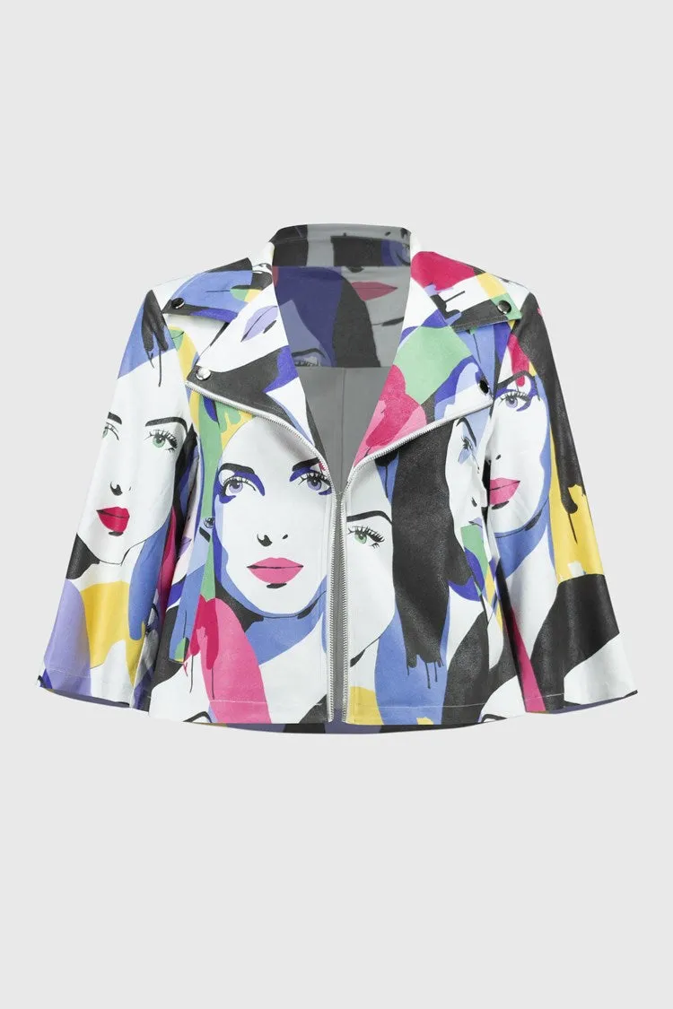 Joseph Ribkoff Vanilla/Multi Faux Suede Face Print Trapeze Jacket