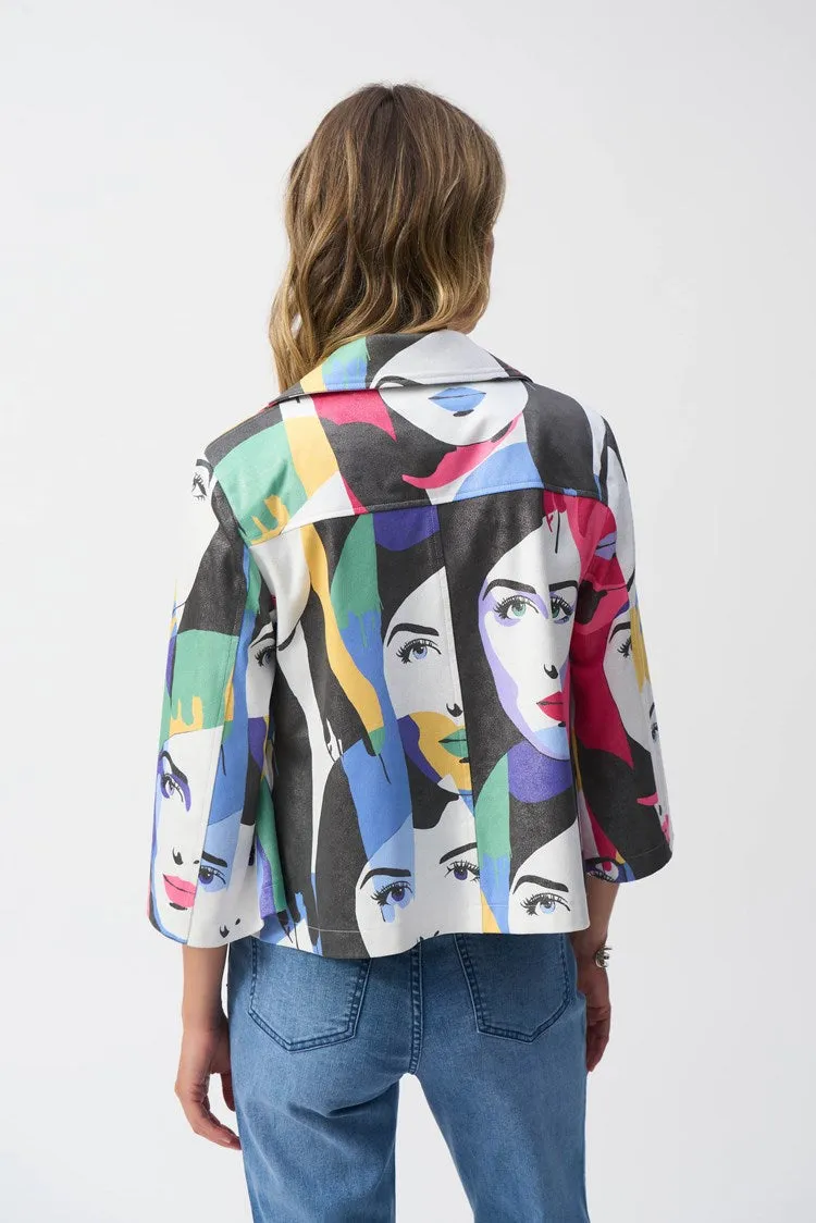 Joseph Ribkoff Vanilla/Multi Faux Suede Face Print Trapeze Jacket