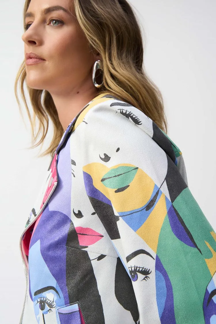 Joseph Ribkoff Vanilla/Multi Faux Suede Face Print Trapeze Jacket
