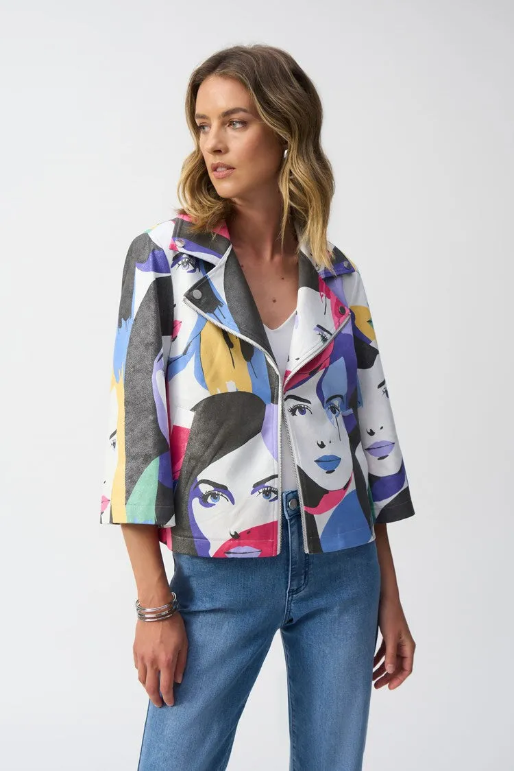 Joseph Ribkoff Vanilla/Multi Faux Suede Face Print Trapeze Jacket