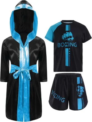 Kids Boys Boxing Uniform 3Pcs Boxing Outfits Long Sleeve Hooded Cloak with Boxer Shirts and Shorts Set