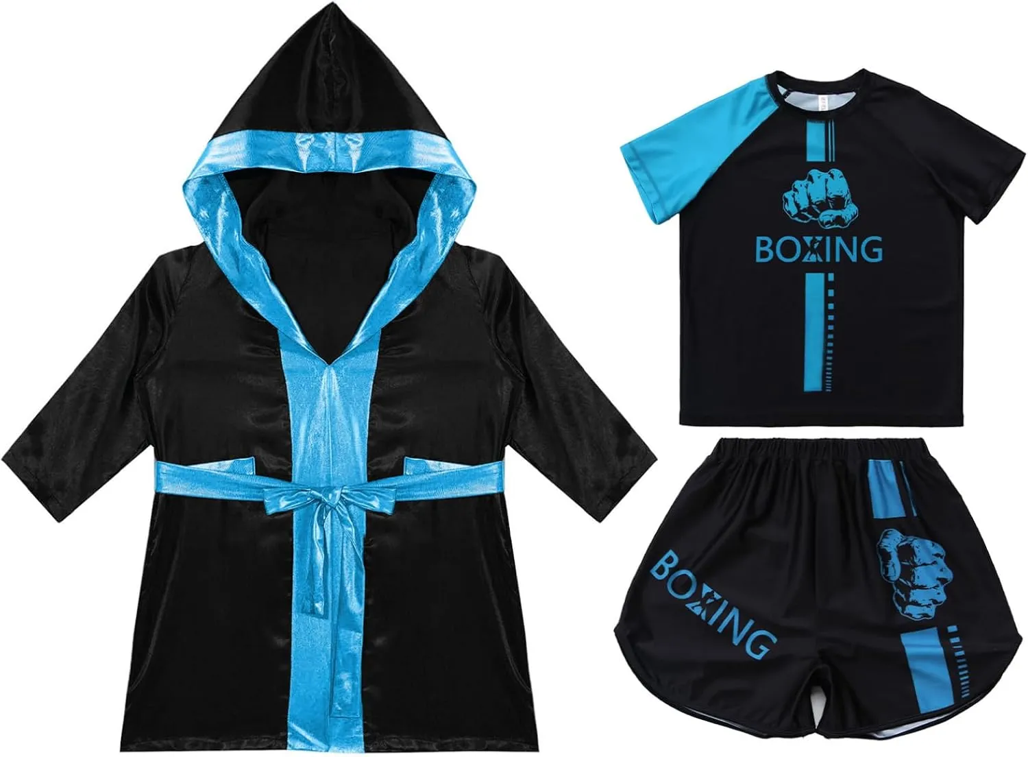 Kids Boys Boxing Uniform 3Pcs Boxing Outfits Long Sleeve Hooded Cloak with Boxer Shirts and Shorts Set