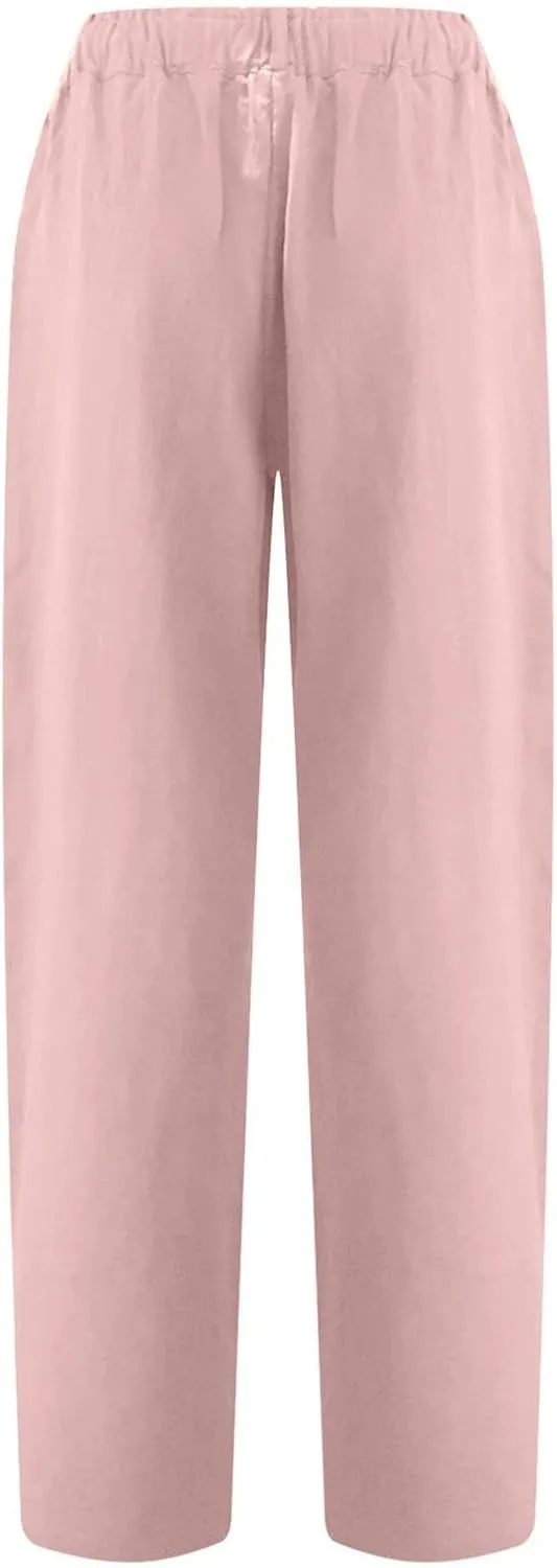 Ladies Linen Pants for Womens Summer Casual Harem Pant 7/8 Length High Waist Lightweight Cotton Linen Slacks Trousers