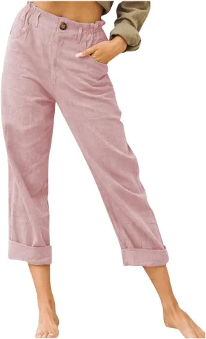 Ladies Linen Pants for Womens Summer Casual Harem Pant 7/8 Length High Waist Lightweight Cotton Linen Slacks Trousers
